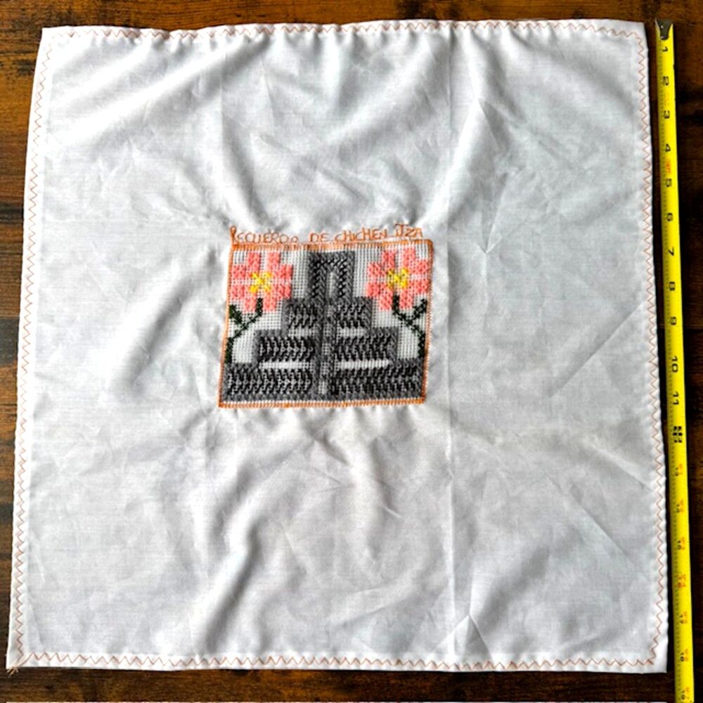 VTG Handmade Multicolor Cross-Stitch 18X18 Linen Mayan Ruins Primitive Decor Art - Picture 8 of 12